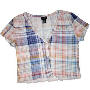 Rue21 Plaid Crop Top Pastel Button Up Short Sleeve Blue Pink White Orange Small